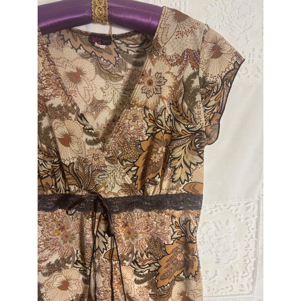 Early 2000's Brown Floral Lace Trim Faux Wrap Babydoll Blouse Size L-XL - Picture 9 of 11